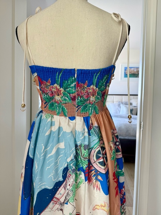 Zimmermann Alight Picnic Nautical Map Midi Dress Linen Blue Print - Picture 10 of 16